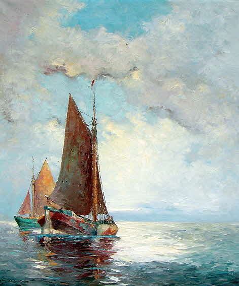 Jonas Ambroich - zwei Fischerboote auf hoher See bei  Ausfahrt in der Morgendmmerung um 1960 - 80 x 50 cm - 39 € mtl./K 650 €