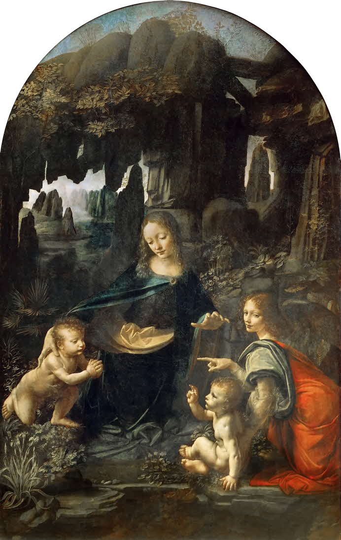Leonardo da Vinci (* 15. April 1452 in Anchiano bei Vinci;  2. Mai 1519 auf Schloss Clos Luc, Amboise; eigentlich Leonardo di ser Piero, toskanisch auch Lionardo) war ein italienischer Maler, Bildhauer, Architekt, Anatom, Mechaniker, Ingenieur und Naturphilosoph. Er gilt als einer der berhmtesten Universalgelehrten aller Zeiten.  Die Felsgrottenmadonna ist ein Gemlde von Leonardo da Vinci. Es zeigt die Jungfrau Maria mit dem Christuskind, dem Johannesknaben und einem Engel in einer Felsgrotte, gemalt mit l auf Holz. Das Bild entstand um 14831486 (Mae: 199  122 cm) und ist im Louvre in Paris zu sehen.
