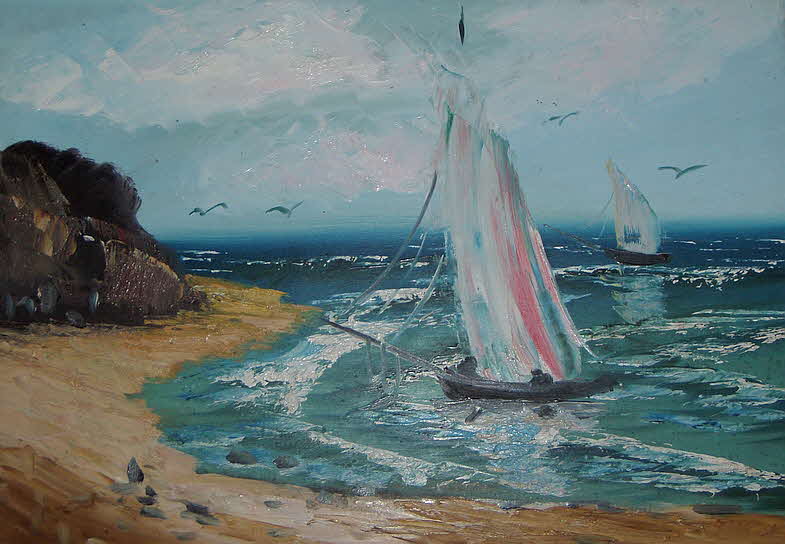 Zwei Segelboote am Strand bei rauher See begleitet von einem Schwarm Mwen um 1970 - 32 x 47 cm - 39 € mtl./K 450 €
