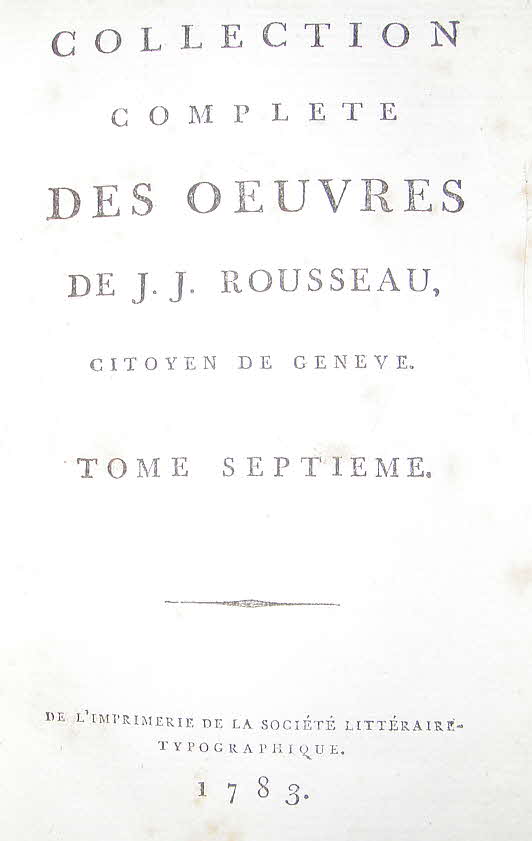 Jean-Jacques Rousseau (* 28. Juni 1712 in Genf;  2. Juli 1778 in Ermenonville bei Paris) war ein franzsischsprachiger Genfer Schriftsteller, Philosoph, Pdagoge, Naturforscher und Komponist der Aufklrung. Rousseau hatte groen Einfluss auf die Pdagogik und die politische Theorie des spten 18. sowie des 19. und 20. Jahrhunderts in ganz Europa. Er war ein wichtiger Wegbereiter der Franzsischen Revolution. Sein Werk ist unlsbarer Bestandteil der franzsischen und europischen Literatur- und Geistesgeschichte. Der ihm hufig zugeschriebene Aufruf Zurck zur Natur! hat viele Wissenschaftler geprgt und sptere Gegenbewegungen zur Industrialisierung ausgelst.

Gesamtausgabe in franzsischer Sprache - nicht komplett 24 von 34 Bnden - 1783 bis 1792 - 10 x 15 cm  -  89 € mtl./K 950 €