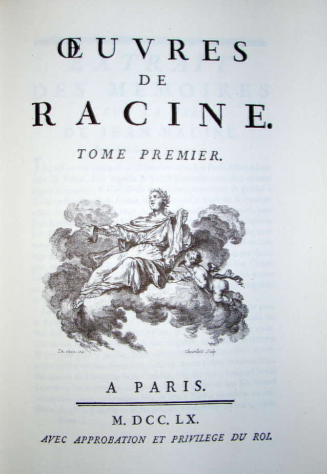 Jean Baptiste Racine (* 21. Dezember 1639 in La Fert-Milon;  21. April 1699 in Paris) war einer der bedeutendsten Autoren der franzsischen Klassik. Er gilt den Franzosen als ihr grter Tragdienautor neben oder gar vor Pierre Corneille.

Drei Bcher in Leder gebunden und auf Pergament gedruckt - Herausgeber Michel de L'Ormeraie, Paris 1972   27 x 20 x 4 cm    -  89 € mtl./K 950 €
