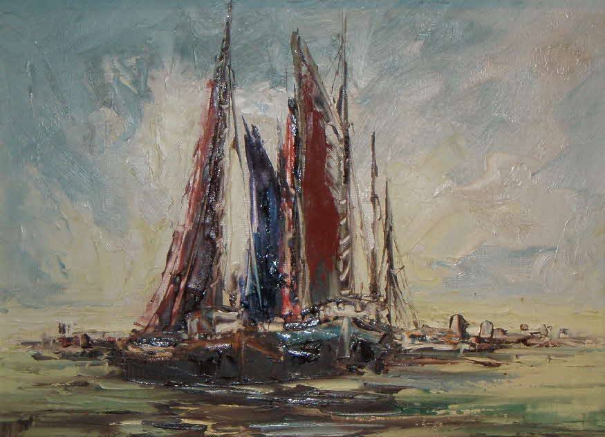 Bunte Ansammlung von Segelbooten an der Mole eines kleinen Ostseehafens in der Abenddmmerung um 1970 - 30 x 40 cm - 39 € mtl./K 450 €